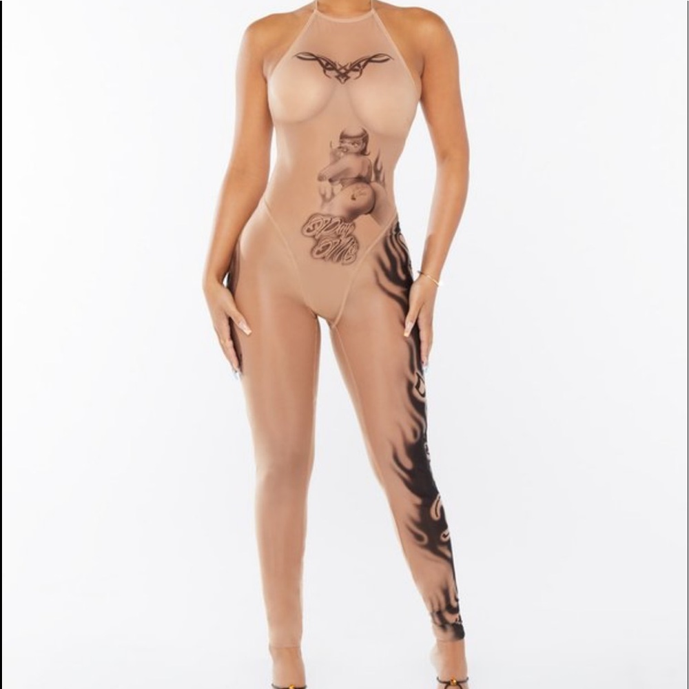 Savage X Fenty Tattooed tricot crotchless catsuit
